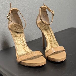 Sam Edelman Tan Croc-embossed Leather Ankle-Strap Stiletto Sandals